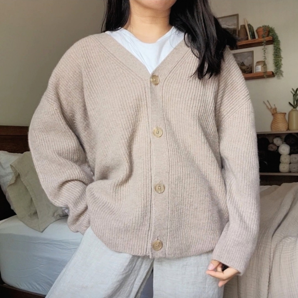 Oversized Cocoon Boyfriend Cashmere Cardigan, Oatmeal M